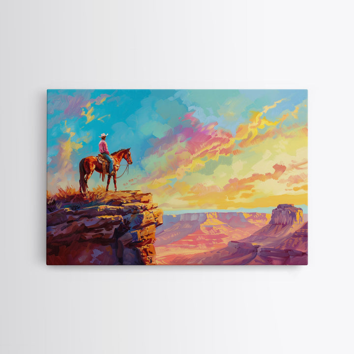 Framed Wall Art Giclée Fine Art Print, Watercolor Painting of A Cowboy On A Mountain Ridge, Rustic Western Decor, Country Decor, Metal Print