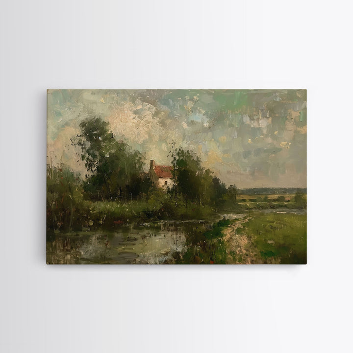 Slightly Scorched Vintage Landscape Painting Canvas Print - Farmhouse Painting - Wall Art - Large Print
