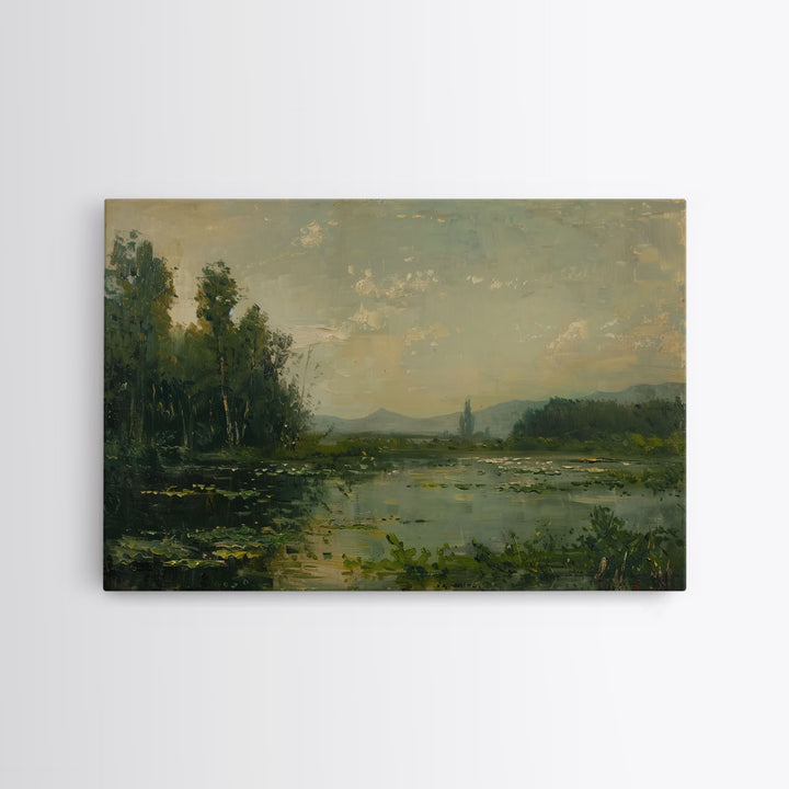 Dutch Landscape With Lake Framed Canvas Print Oil Painting, Wood Frame Wall Art, Cottage Core, Farmhouse Decor, Living Room Art