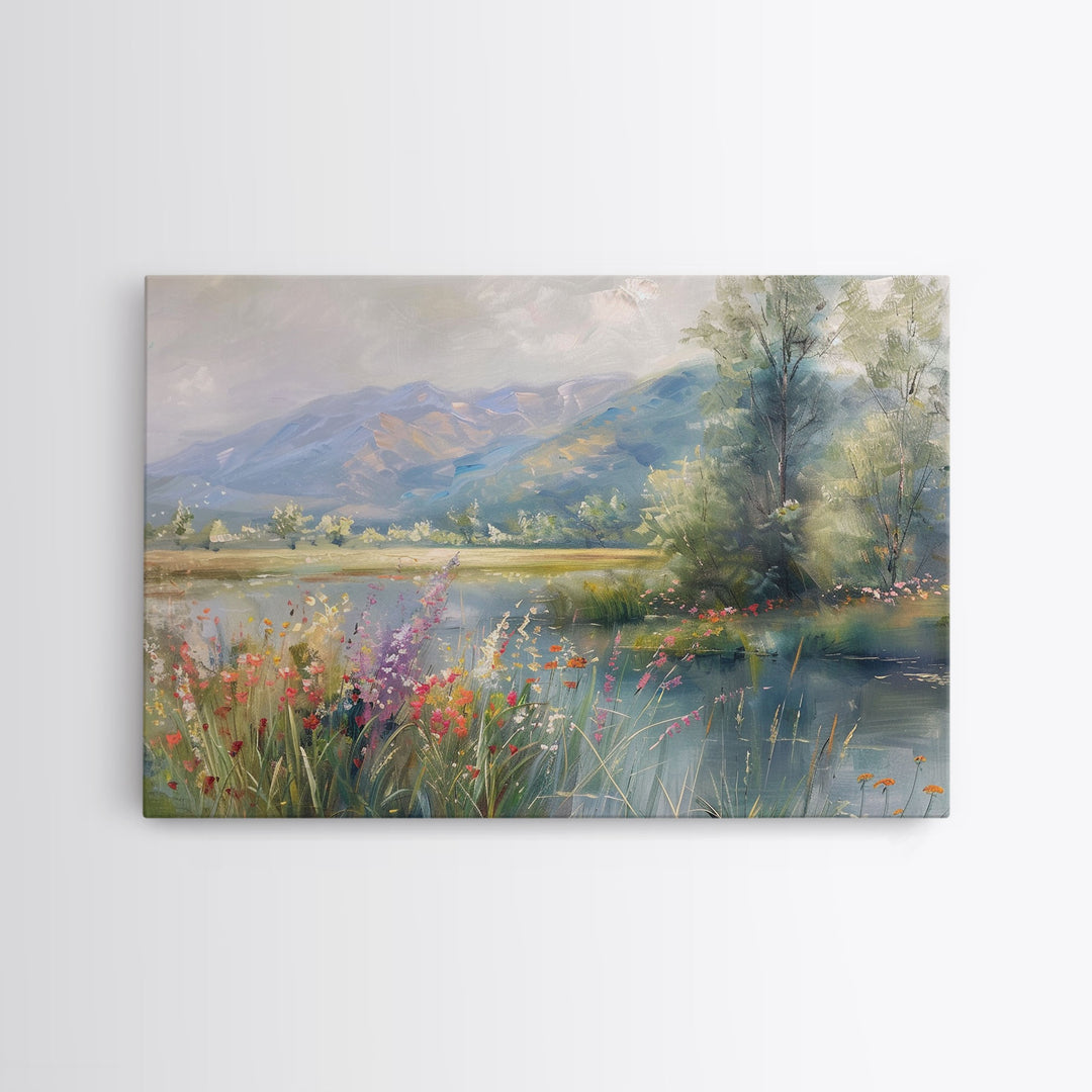 Dutch Landscape With Lake Framed Canvas Print Oil Painting, Wood Frame Wall Art, Cottage Core, Farmhouse Decor, Living Room Art