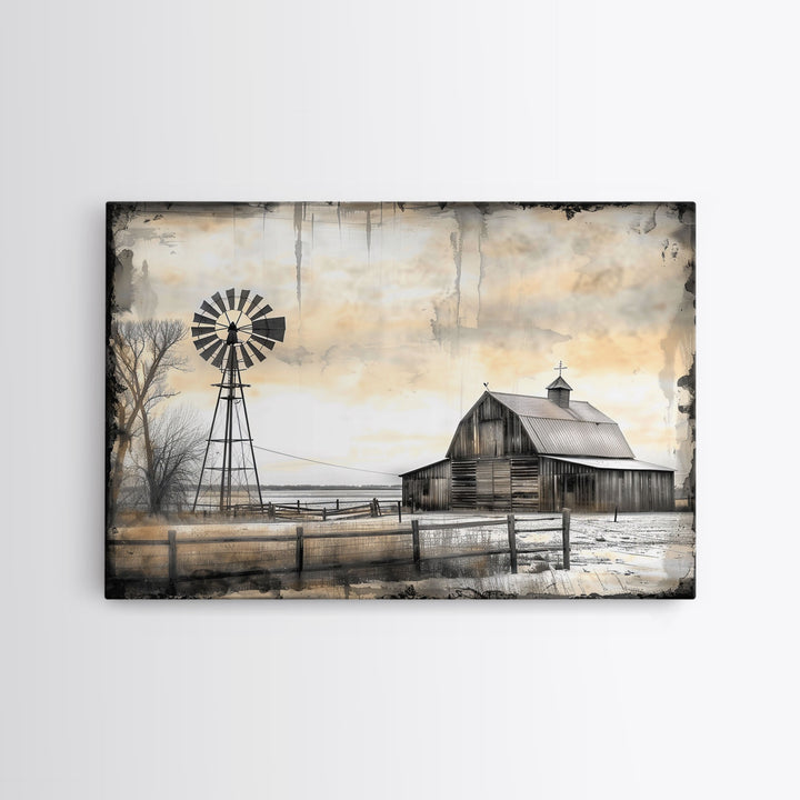Farmhouse House Decor Large Canvas Print, Old Barn Painting, Black and White Photography Print, Pastoral Hills, Vintage Decor