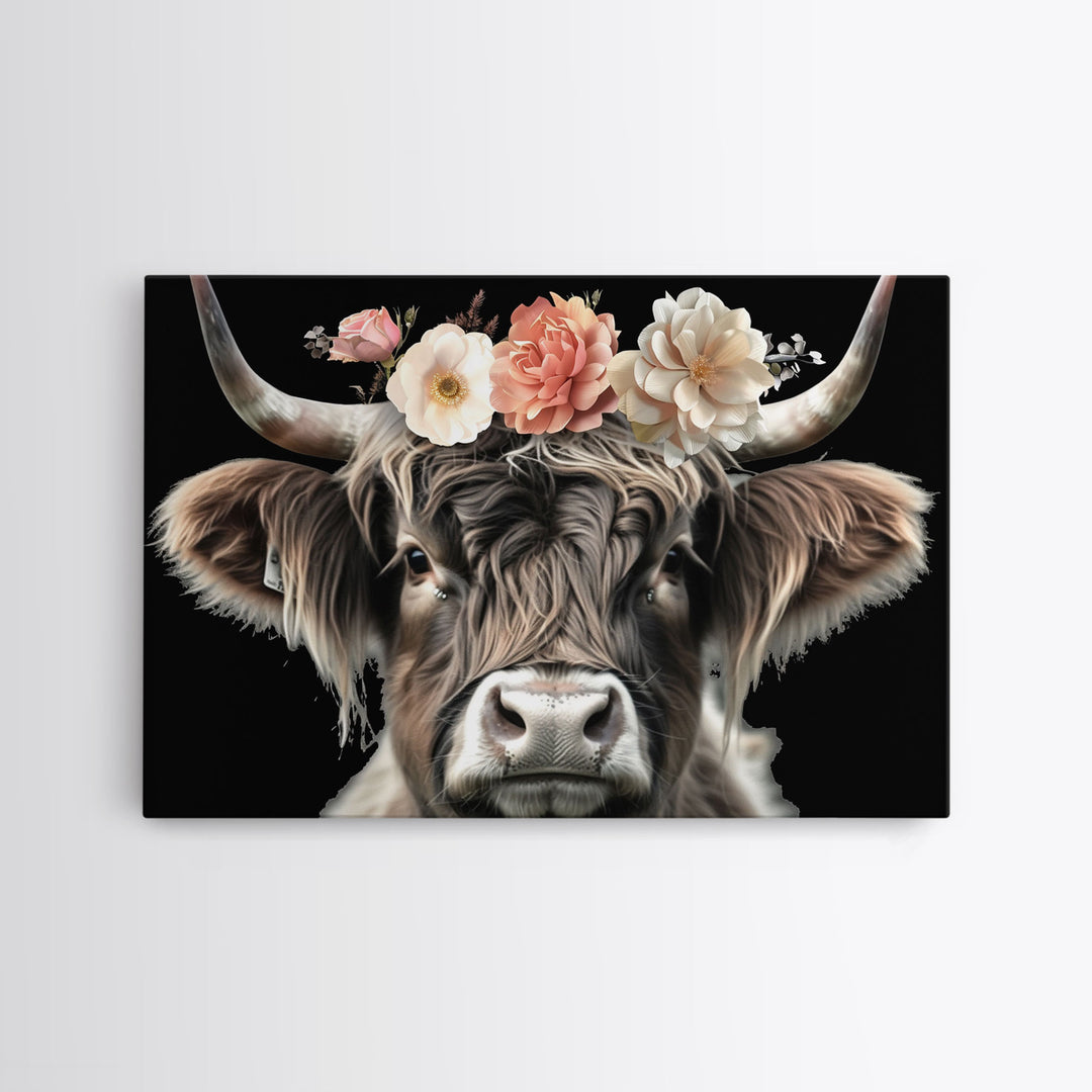 Framed Highland Cow With Flowers Painting canvas print Farmhouse art Cattle Wooden background Country wall art Cow print Rustic Wall Art