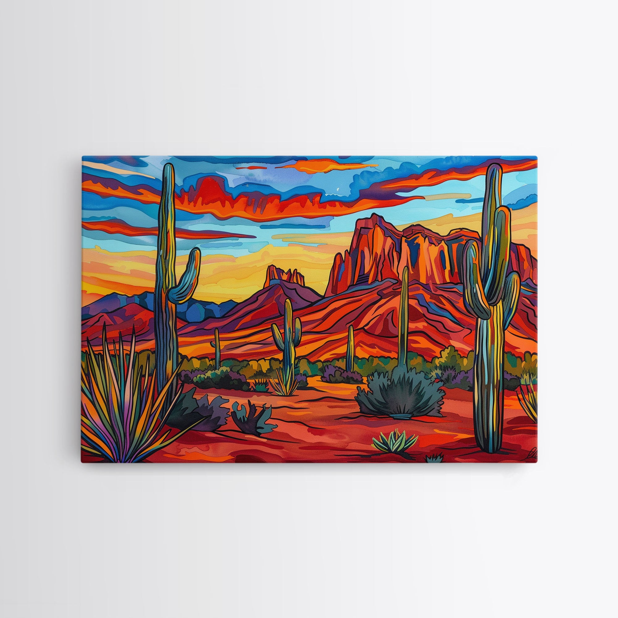 Retro Style Desert Landscape Painting Print, Pop Art, Farmhouse