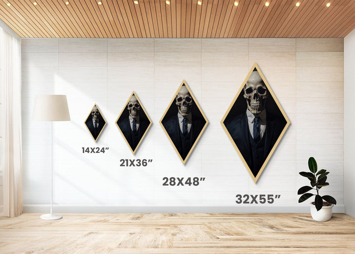 "Death in a Suit" Skeleton in Business Attire Canvas Embossed Print, Dark Academia Diamond Shaped Art for Gothic Office or Halloween Wall Decor