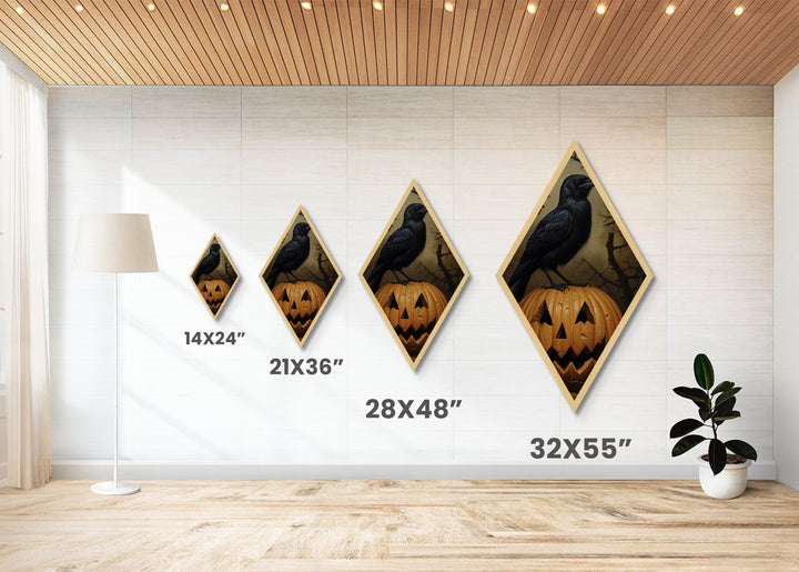 "Nevermore Pumpkin" Diamond Shaped Art of Crow on Pumpkin Canvas Art Print, Moody Halloween Wall Decor for Gothic and Dark Academia Homes