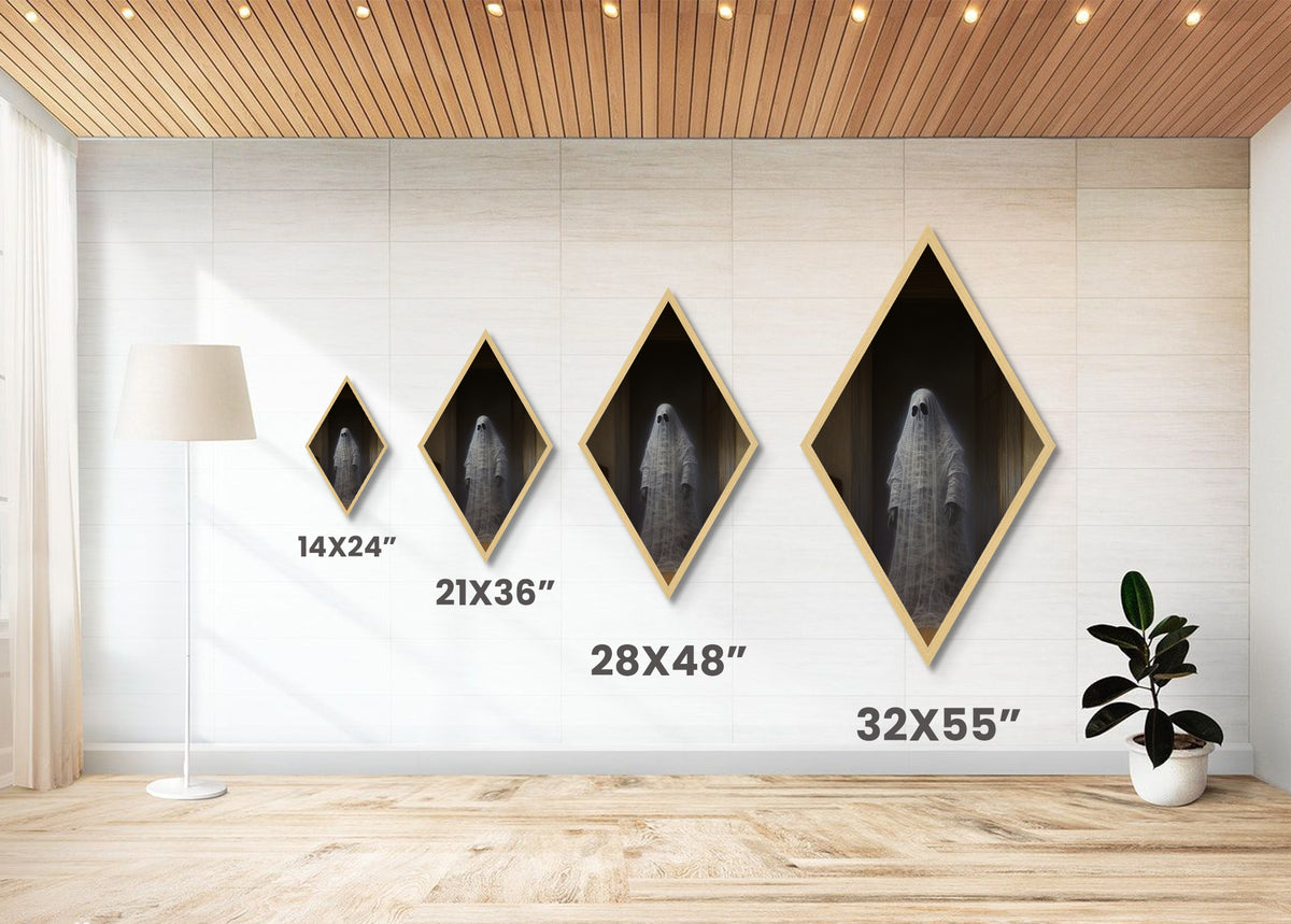 "The Hallway Pause" Diamond Shaped Art of Ghost in Doorway Canvas Art Print, Gothic Halloween Decor with Dark Academia Haunted House Vibes