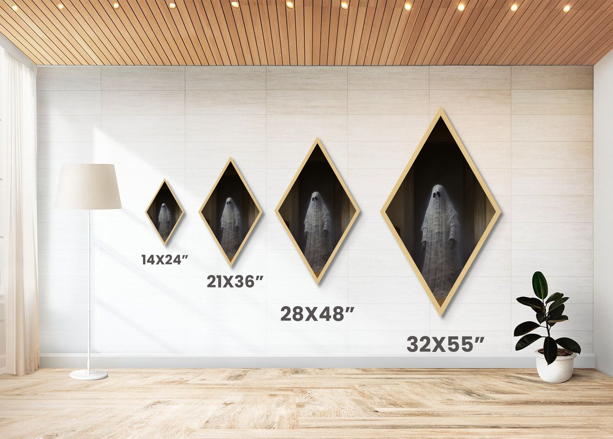 "The Hallway Pause" Diamond Shaped Art of Ghost in Doorway Canvas Art Print, Gothic Halloween Decor with Dark Academia Haunted House Vibes