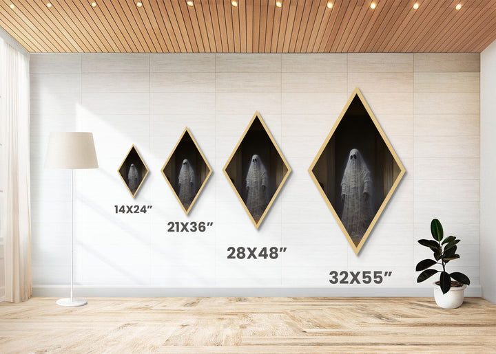 "The Hallway Pause" Diamond Shaped Art of Ghost in Doorway Canvas Art Print, Gothic Halloween Decor with Dark Academia Haunted House Vibes