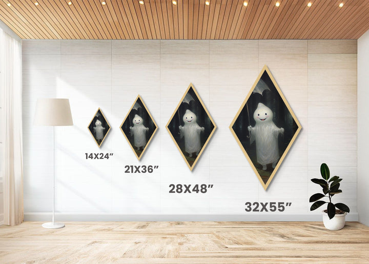 Mysterious Ghost with Umbrella Diamond Shaped Art in Pumpkin Patch Halloween Canvas Art Print Dark Academia Spooky Forest Theme