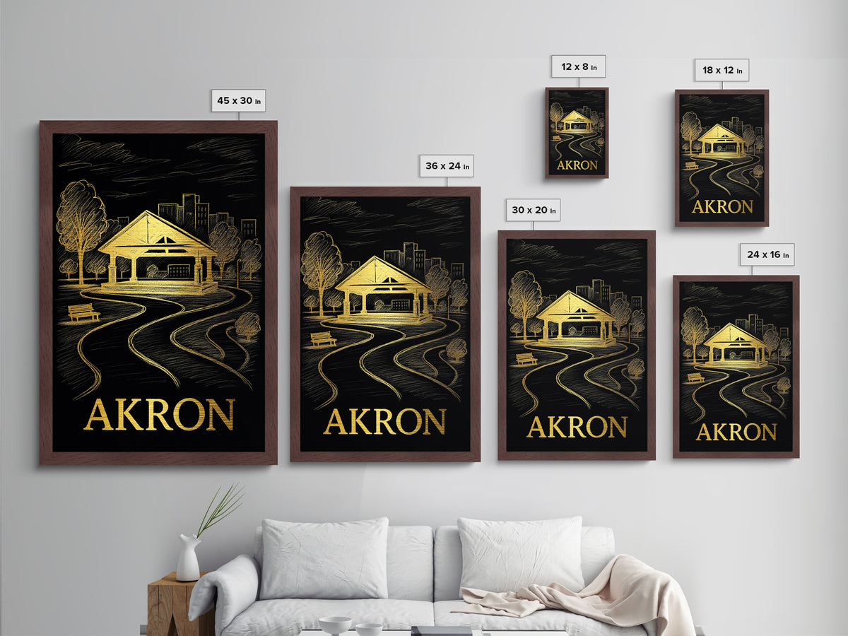 Akron Ohio art, Metallic Gold Print, Modern House Art, Metal Art, Wood Framed Art, Destination Gift, Graduation Travel Gift