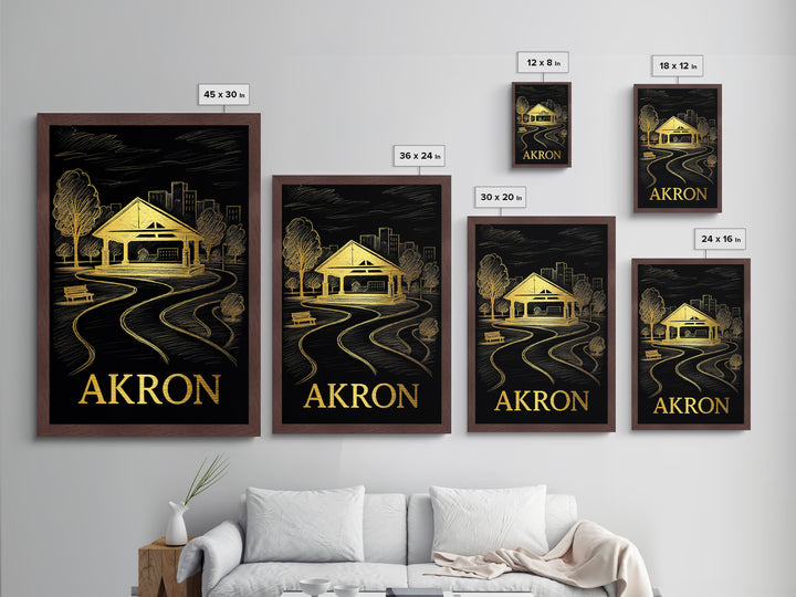 Akron Ohio art, Metallic Gold Print, Modern House Art, Metal Art, Wood Framed Art, Destination Gift, Graduation Travel Gift