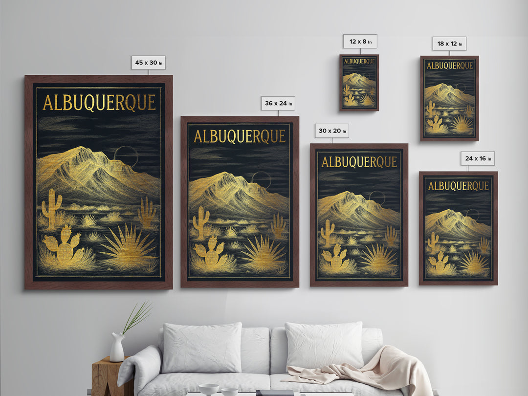Albuquerque New Mexico travel, Metallic Gold Art, Modern Skyline Wall Print, Metal Art, Wood Framed Art, Travel Gift, Adventure Lover Gift