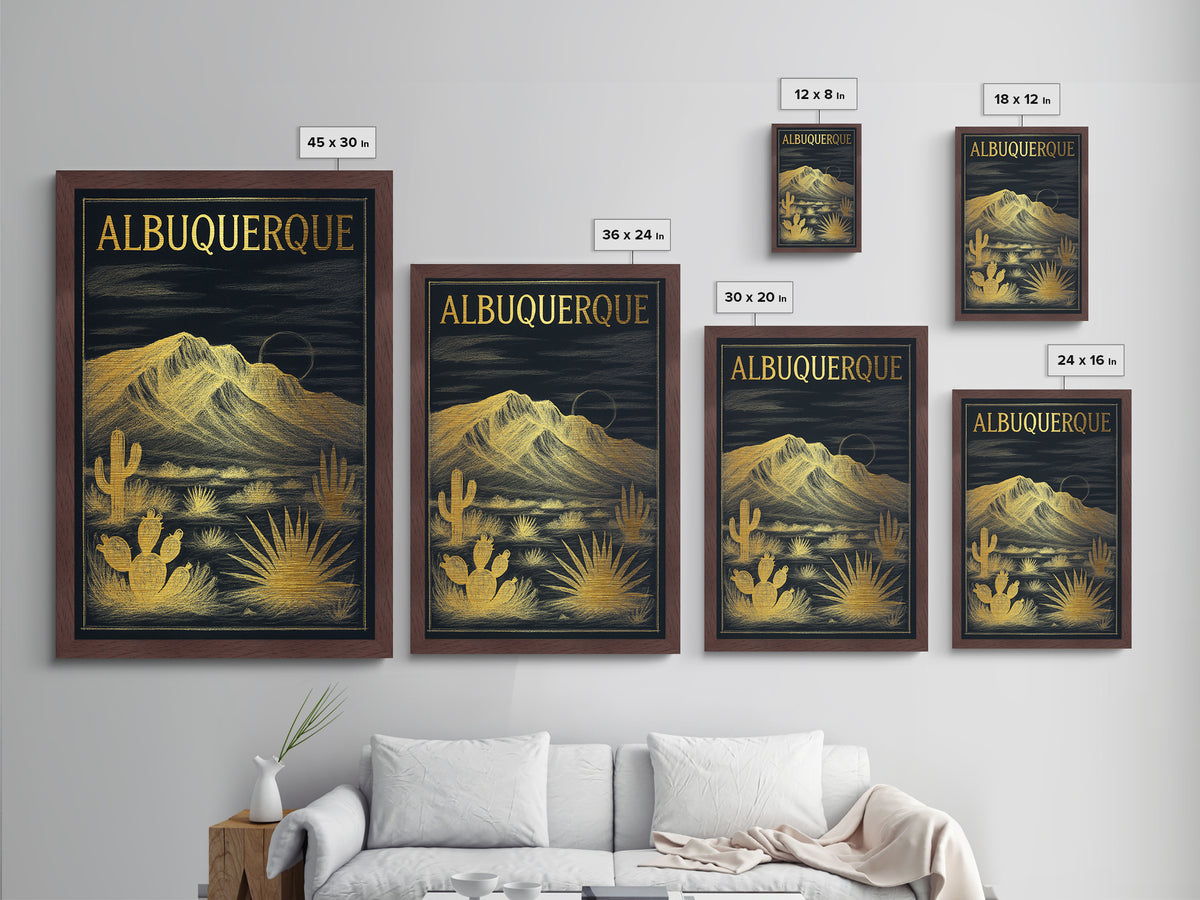 Albuquerque New Mexico travel, Metallic Gold Art, Modern Skyline Wall Print, Metal Art, Wood Framed Art, Travel Gift, Adventure Lover Gift