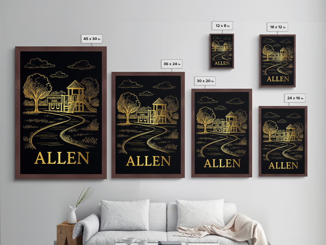 Allen Texas art, Metallic Gold Print, Office Decor, Metal Art, Wood Framed Art, Adventure Lover Gift, Traveler Gift