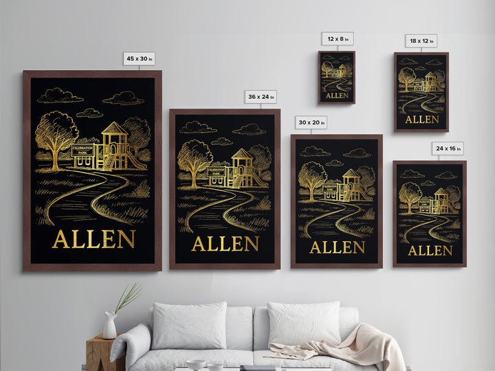 Allen Texas art, Metallic Gold Print, Office Decor, Metal Art, Wood Framed Art, Adventure Lover Gift, Traveler Gift