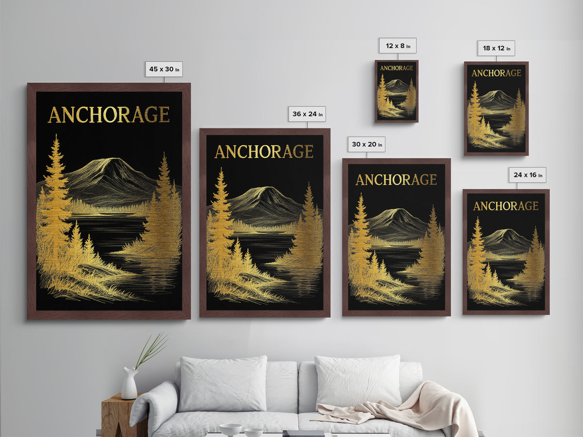 Anchorage Alaska travel, Metallic Gold Art, Modern Skyline Wall Print, Metal Art, Wood Framed Art, Adventure Lover Gift, Travel Gift