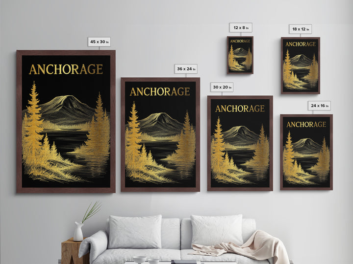 Anchorage Alaska travel, Metallic Gold Art, Modern Skyline Wall Print, Metal Art, Wood Framed Art, Adventure Lover Gift, Travel Gift