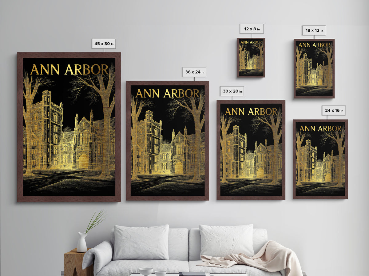 Ann Arbor Michigan travel, Metallic Gold Art, Modern House Art, Metal Art, Wood Framed Art, Wanderlust Gift, Travel Art Prints