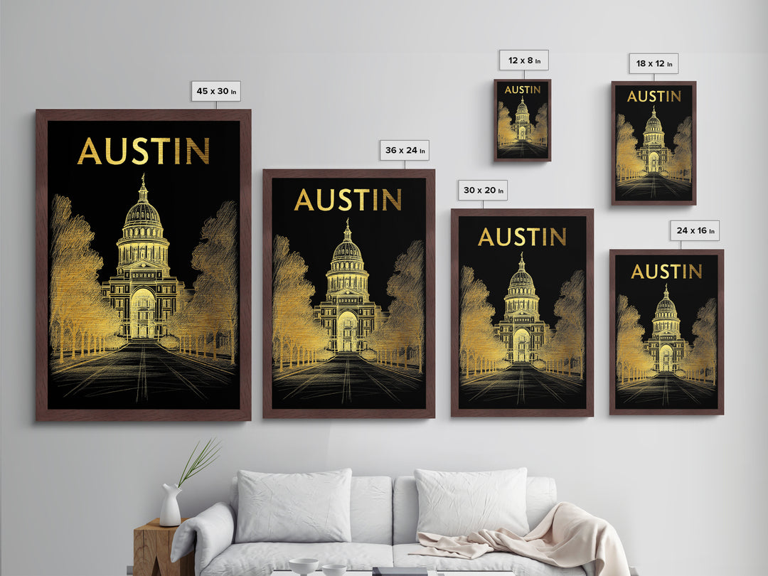 Austin Texas art, Metallic Gold Print, Office Decor, Metal Art, Wood Framed Art, Graduation Travel Gift, Destination Gift