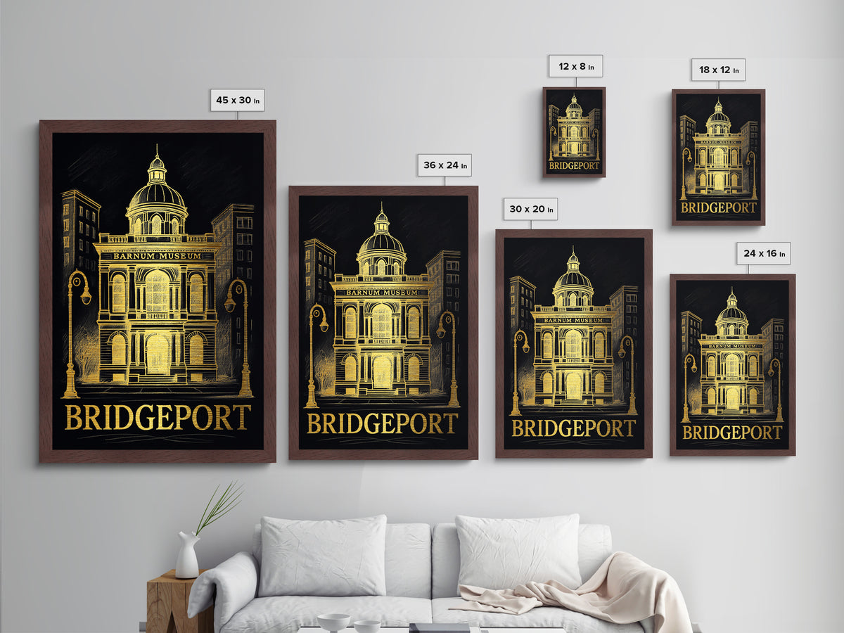 Bridgeport Connecticut art, Metallic Gold Art, Housewarming Gift, Metal Art, Wood Framed Art, Newlywed Travel Gift, Honeymoon Gift