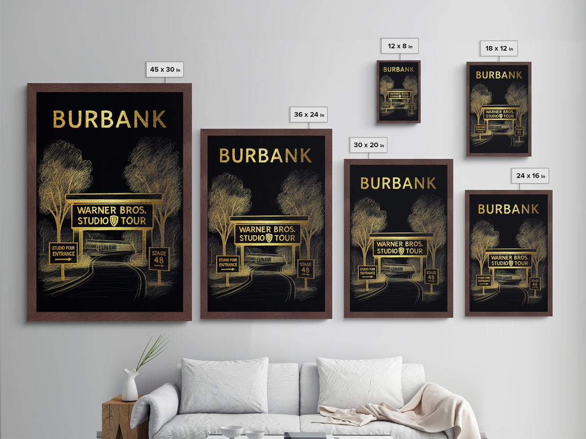 Burbank California travel, Metallic Gold Print, Closing Gift, Metal Art, Wood Framed Art, Anniversary Travel Gift, Retirement Travel Gift