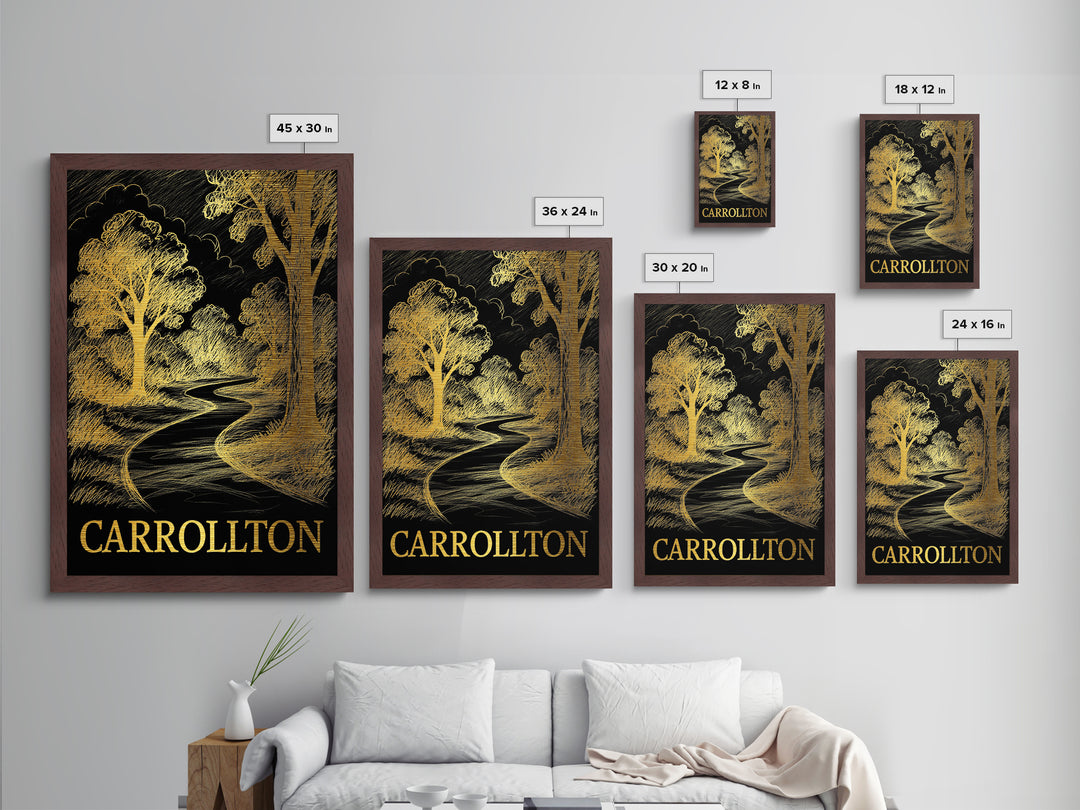 Carrollton Texas art, Metallic Gold Art, Office Decor, Metal Art, Wood Framed Art, Graduation Travel Gift, Destination Gift