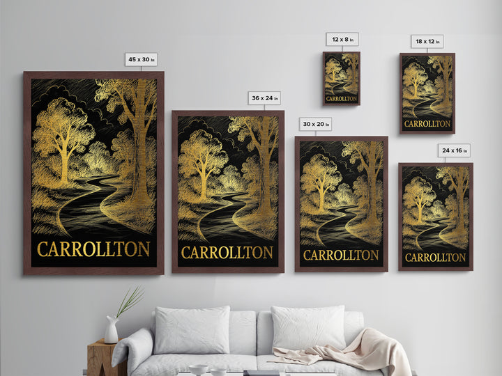 Carrollton Texas art, Metallic Gold Art, Office Decor, Metal Art, Wood Framed Art, Graduation Travel Gift, Destination Gift