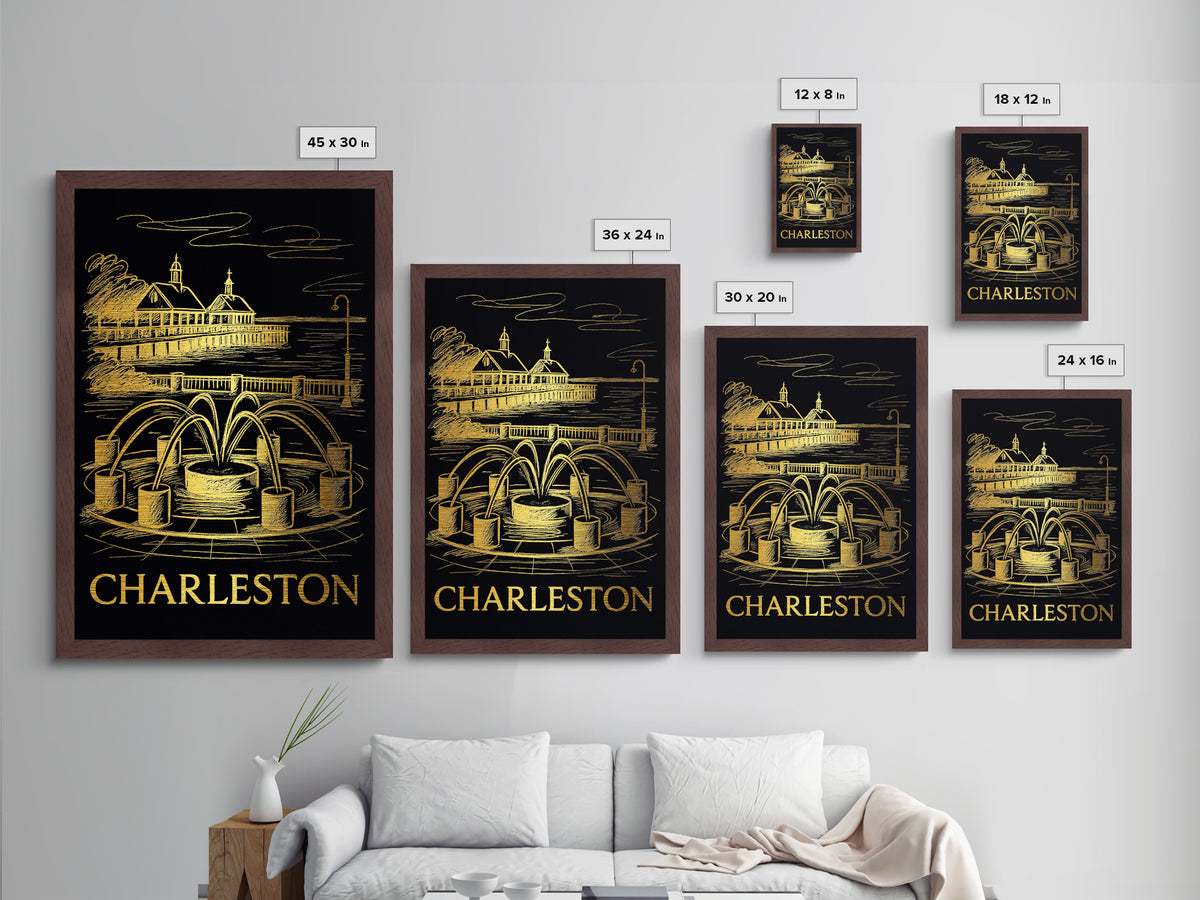 Charleston South Carolina art, Metallic Gold Art, Office Decor, Metal Art, Wood Framed Art, Graduation Travel Gift, Destination Gift