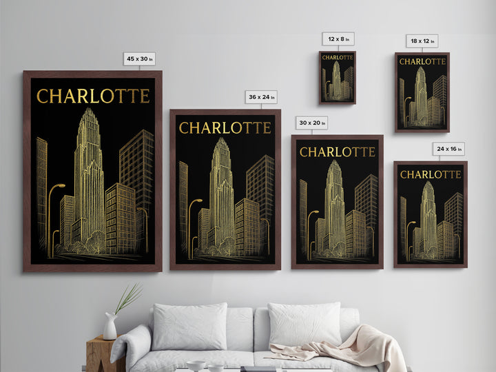Charlotte North Carolina travel, Metallic Gold Print, Modern House Art, Metal Art, Wood Framed Art, Wanderlust Gift, Travel Art Prints