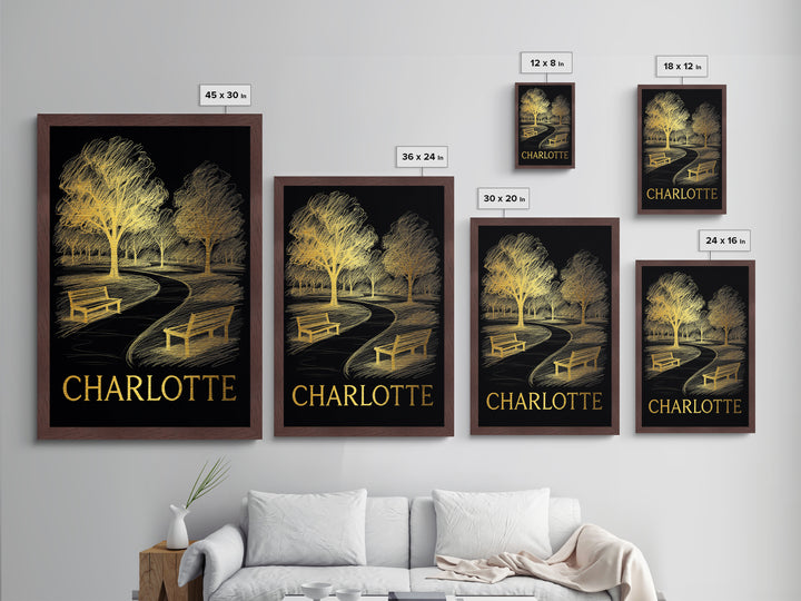 Charlotte North Carolina art, Metallic Gold Art, Travel Art Prints, Metal Art, Wood Framed Art, Wanderlust Gift, Adventure Lover Gift