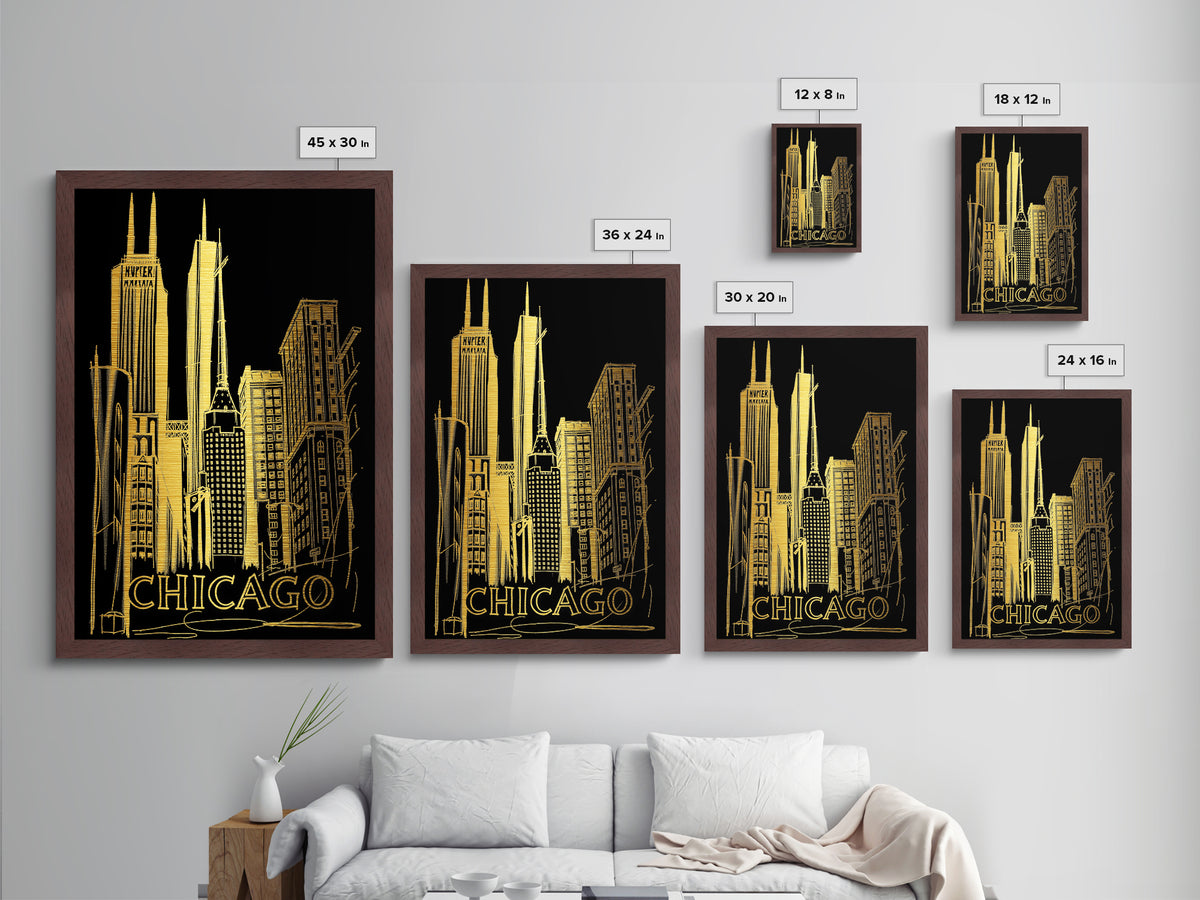 Chicago Illinois travel, Metallic Gold Print, Modern Skyline Wall Print, Metal Art, Wood Framed Art, Adventure Lover Gift, Travel Gift