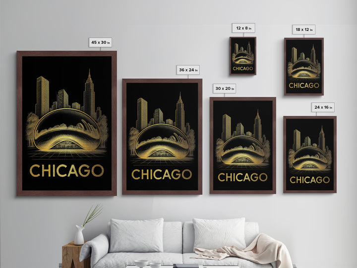 Chicago Illinois travel, Metallic Gold Print, Modern Skyline Wall Print, Metal Art, Wood Framed Art, Anniversary Travel Gift, Traveler Gift