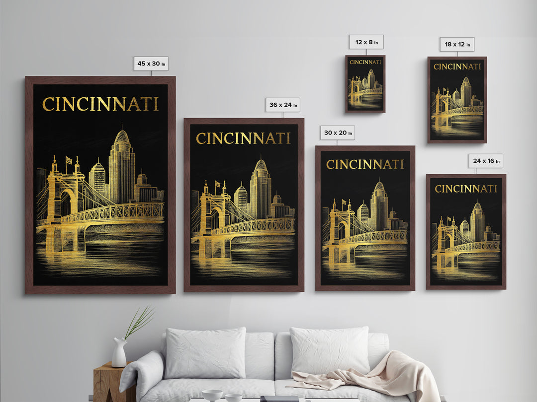 Cincinnati Ohio travel, Metallic Gold Print, Modern House Art, Metal Art, Wood Framed Art, Wanderlust Gift, Travel Art Prints