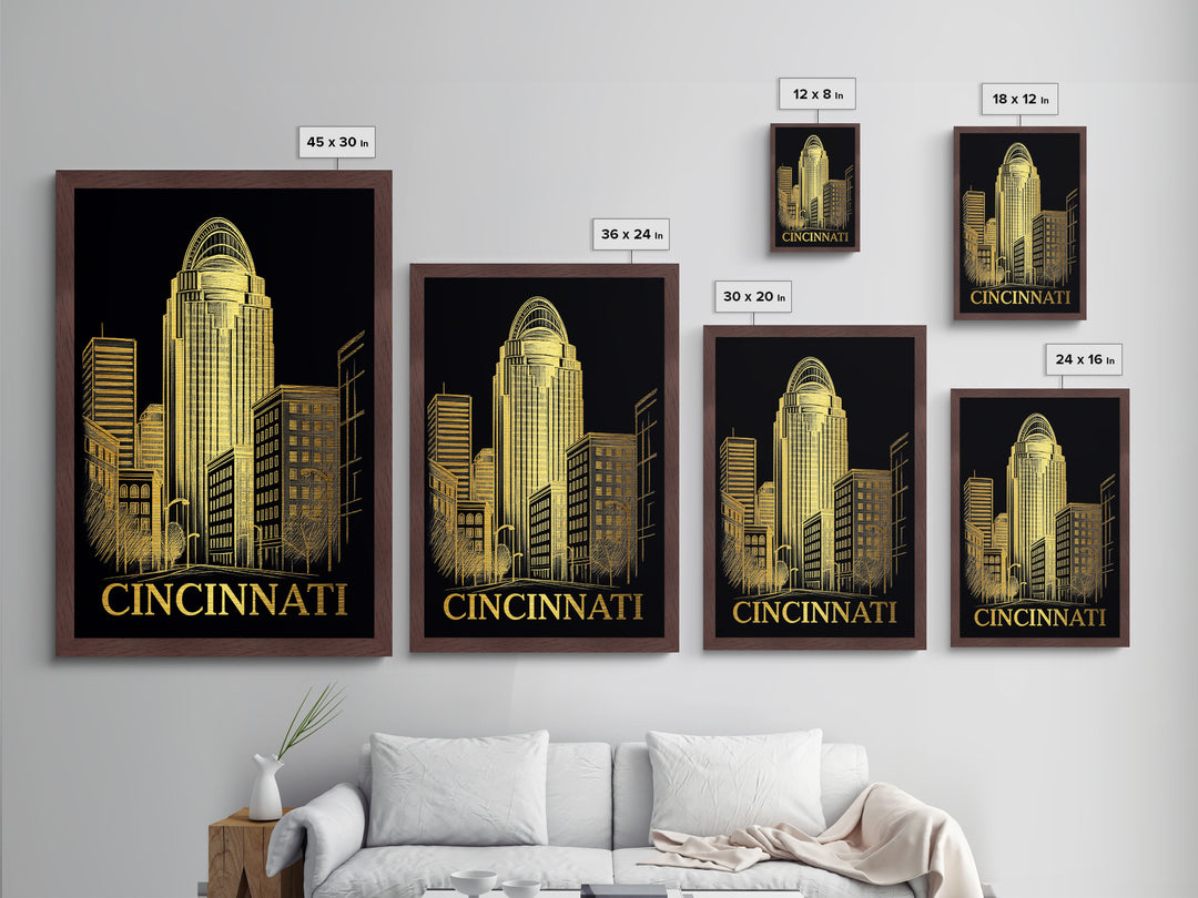Cincinnati Ohio art, Metallic Gold Art, Travel Art Prints, Metal Art, Wood Framed Art, Adventure Lover Gift, Traveler Gift