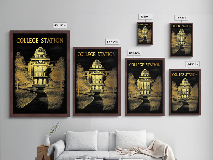 College Station Texas travel, Metallic Gold Print, College Dorm Décor, Metal Art, Wood Framed Art, Graduation Travel Gift, Traveler Gift
