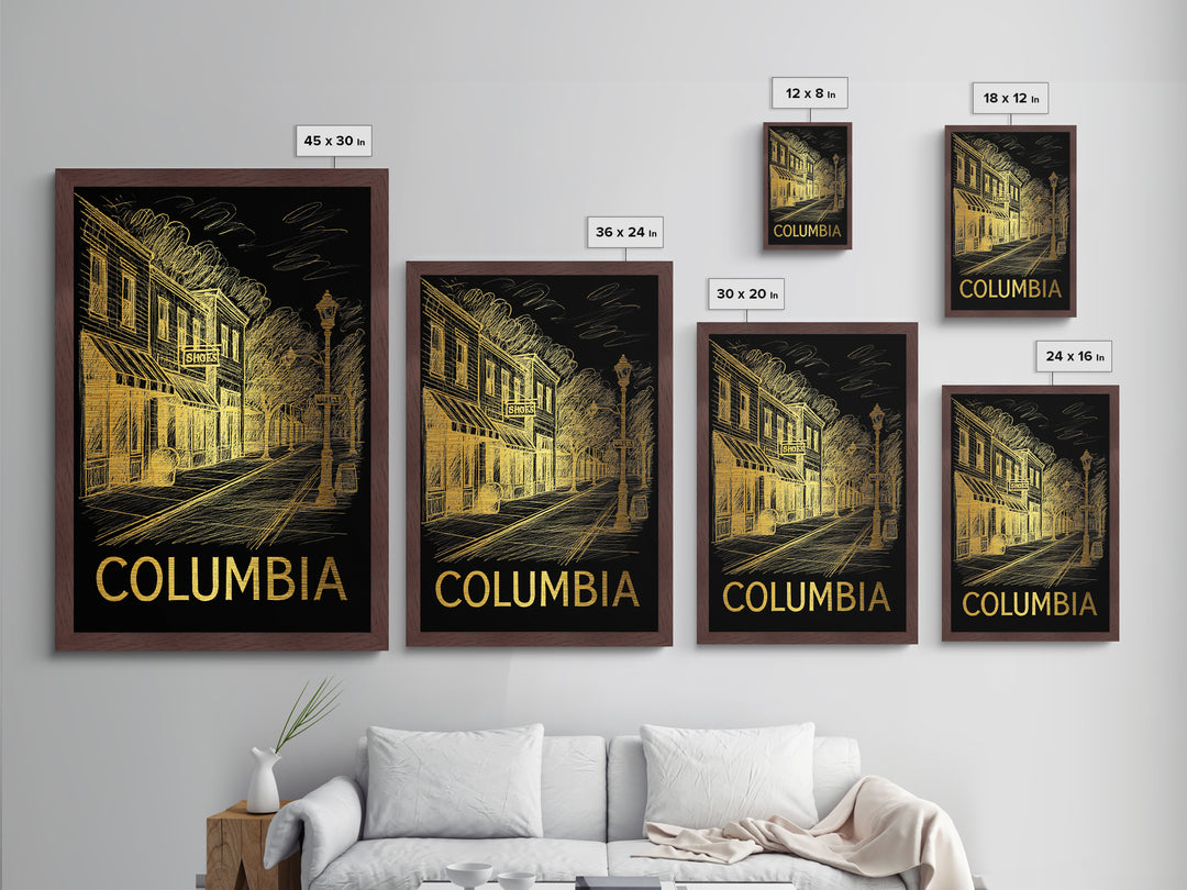 Columbia South Carolina travel, Metallic Gold Print, Modern Skyline Wall Print, Metal Art, Wood Framed Art, Adventure Lover Gift