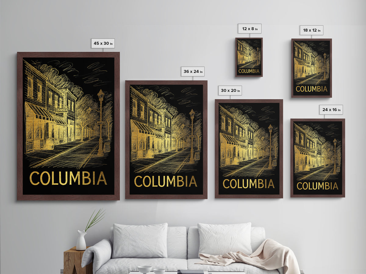 Columbia South Carolina travel, Metallic Gold Print, Modern Skyline Wall Print, Metal Art, Wood Framed Art, Adventure Lover Gift
