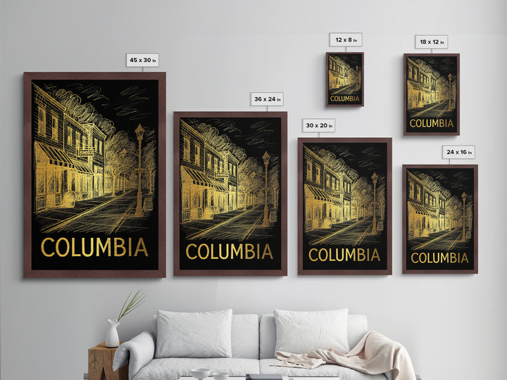 Columbia South Carolina travel, Metallic Gold Print, Modern Skyline Wall Print, Metal Art, Wood Framed Art, Adventure Lover Gift