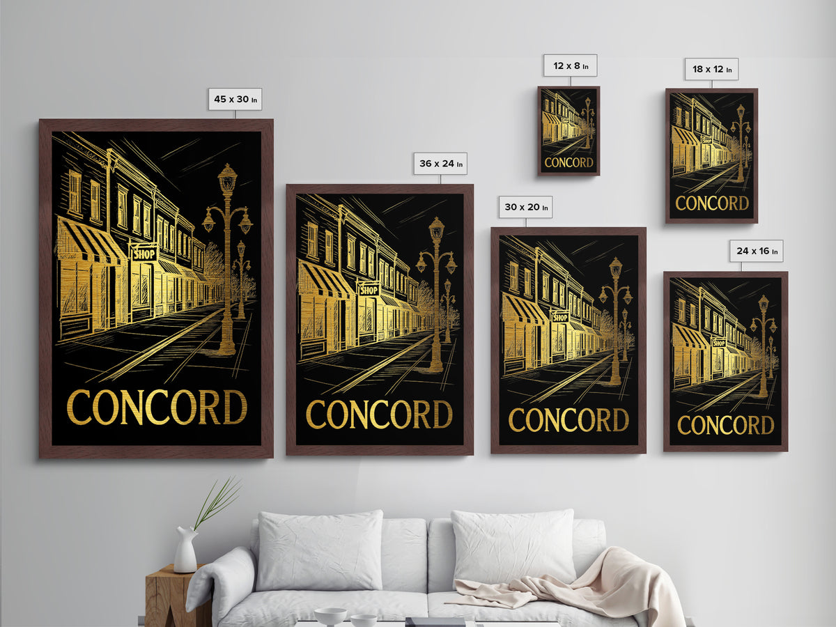 Concord North Carolina travel, Metallic Gold Print, Closing Gift, Metal Art, Wood Framed Art, Anniversary Travel Gift, Retirement Gift