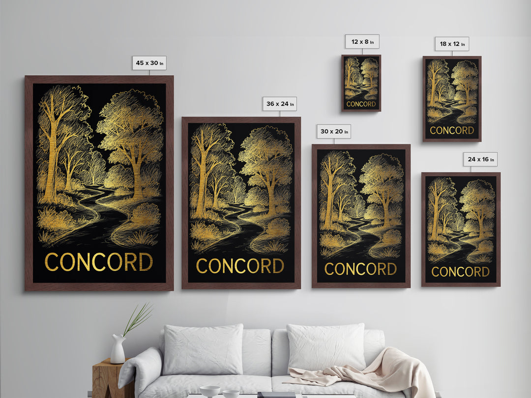 Concord North Carolina art, Metallic Gold Art, Office Decor, Metal Art, Wood Framed Art, Graduation Travel Gift, Destination Gift