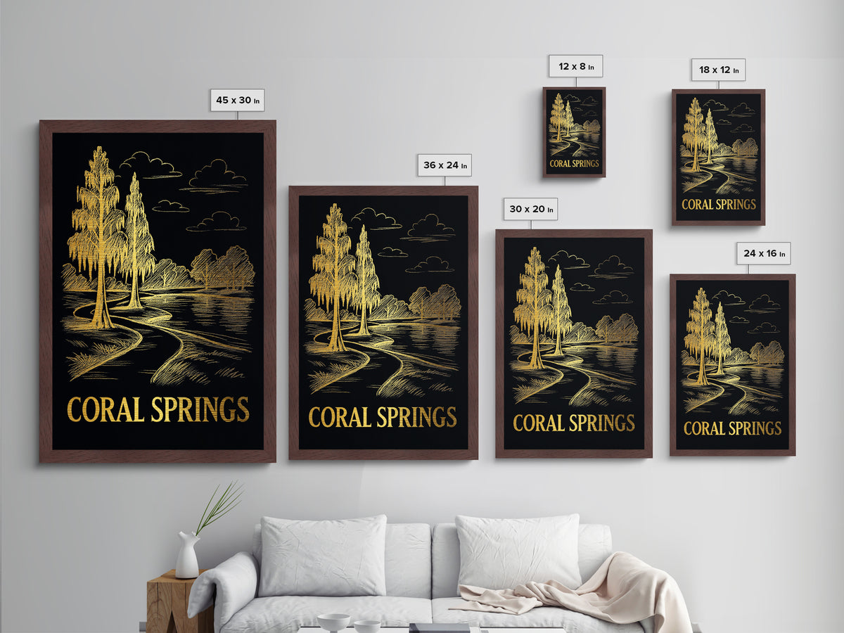 Coral Springs Florida art, Metallic Gold Art, Travel Art Prints, Metal Art, Wood Framed Art, Adventure Lover Gift, Traveler Gift
