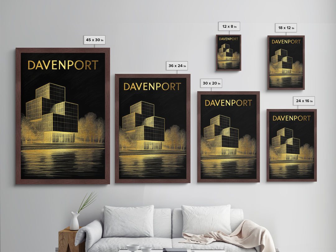 Davenport Iowa travel, Metallic Gold Print, Modern House Art, Metal Art, Wood Framed Art, Traveler Gift, Destination Gift