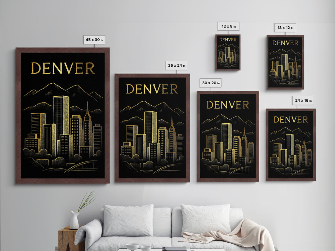 Denver Colorado travel, Metallic Gold Print, Modern Skyline Wall Print, Metal Art, Wood Framed Art, Adventure Lover Gift, Travel Gift