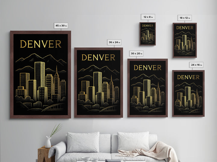 Denver Colorado travel, Metallic Gold Print, Modern Skyline Wall Print, Metal Art, Wood Framed Art, Adventure Lover Gift, Travel Gift