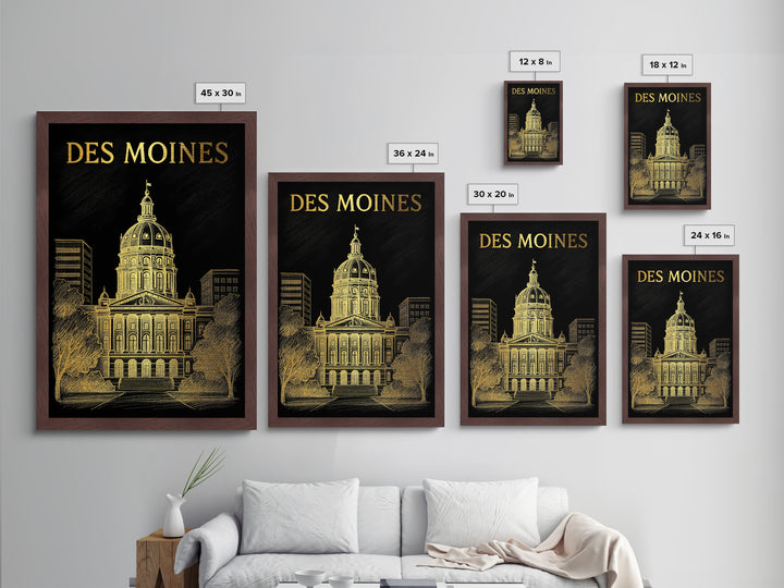 Des Moines Iowa travel, Metallic Gold Print, Closing Gift, Metal Art, Wood Framed Art, Anniversary Travel Gift, Retirement Travel Gift