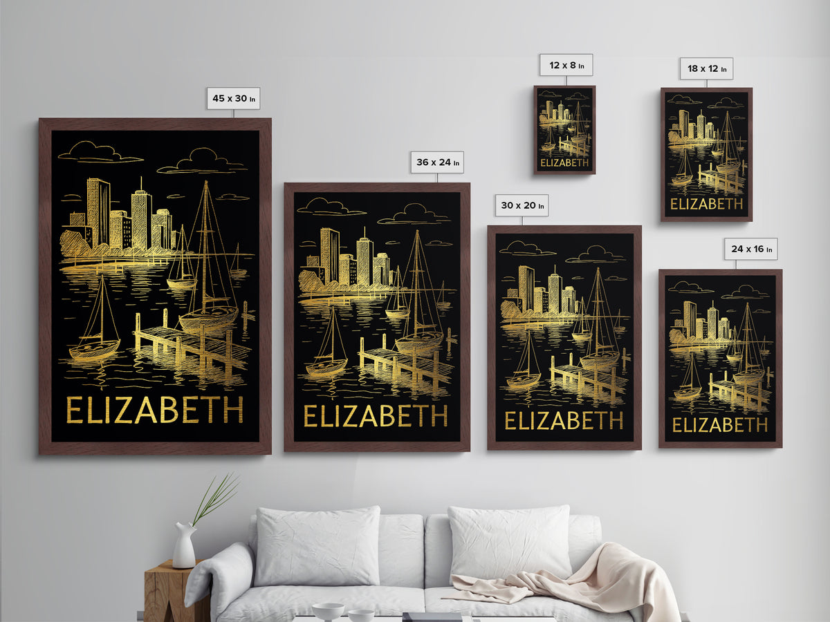 Elizabeth New Jersey art, Metallic Gold Art, Best Friend Gifts, Metal Art, Wood Framed Art, Birthday Travel Gift, Destination Gift