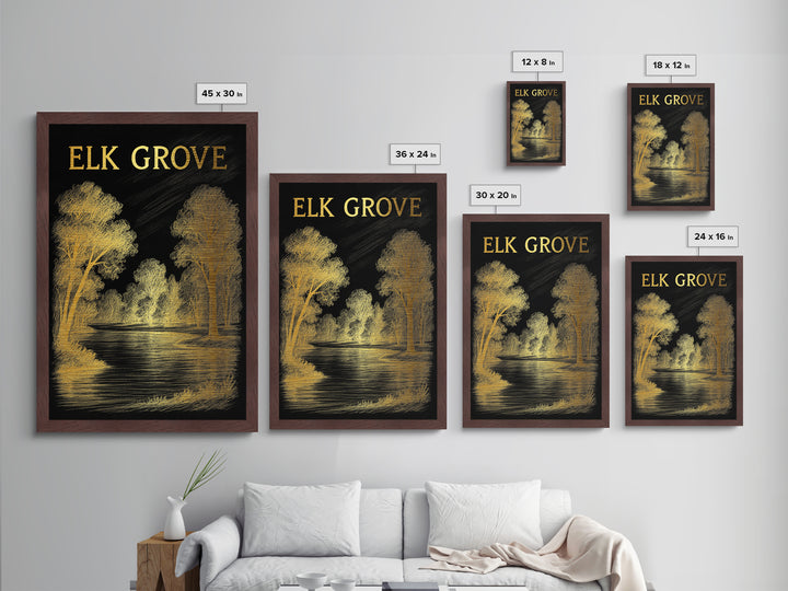 Elk Grove California travel, Metallic Gold Print, Modern Skyline Wall Print, Metal Art, Wood Framed Art, Adventure Lover Gift, Travel Gift