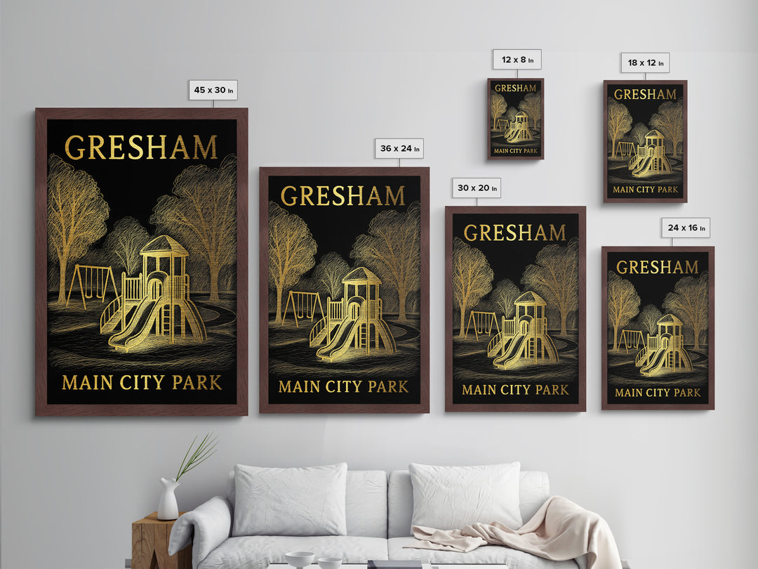 Gresham Oregon travel, Metallic Gold Print, Modern Skyline Wall Print, Metal Art, Wood Framed Art, Adventure Lover Gift, Travel Gift