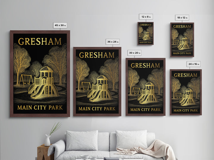 Gresham Oregon travel, Metallic Gold Print, Modern Skyline Wall Print, Metal Art, Wood Framed Art, Adventure Lover Gift, Travel Gift