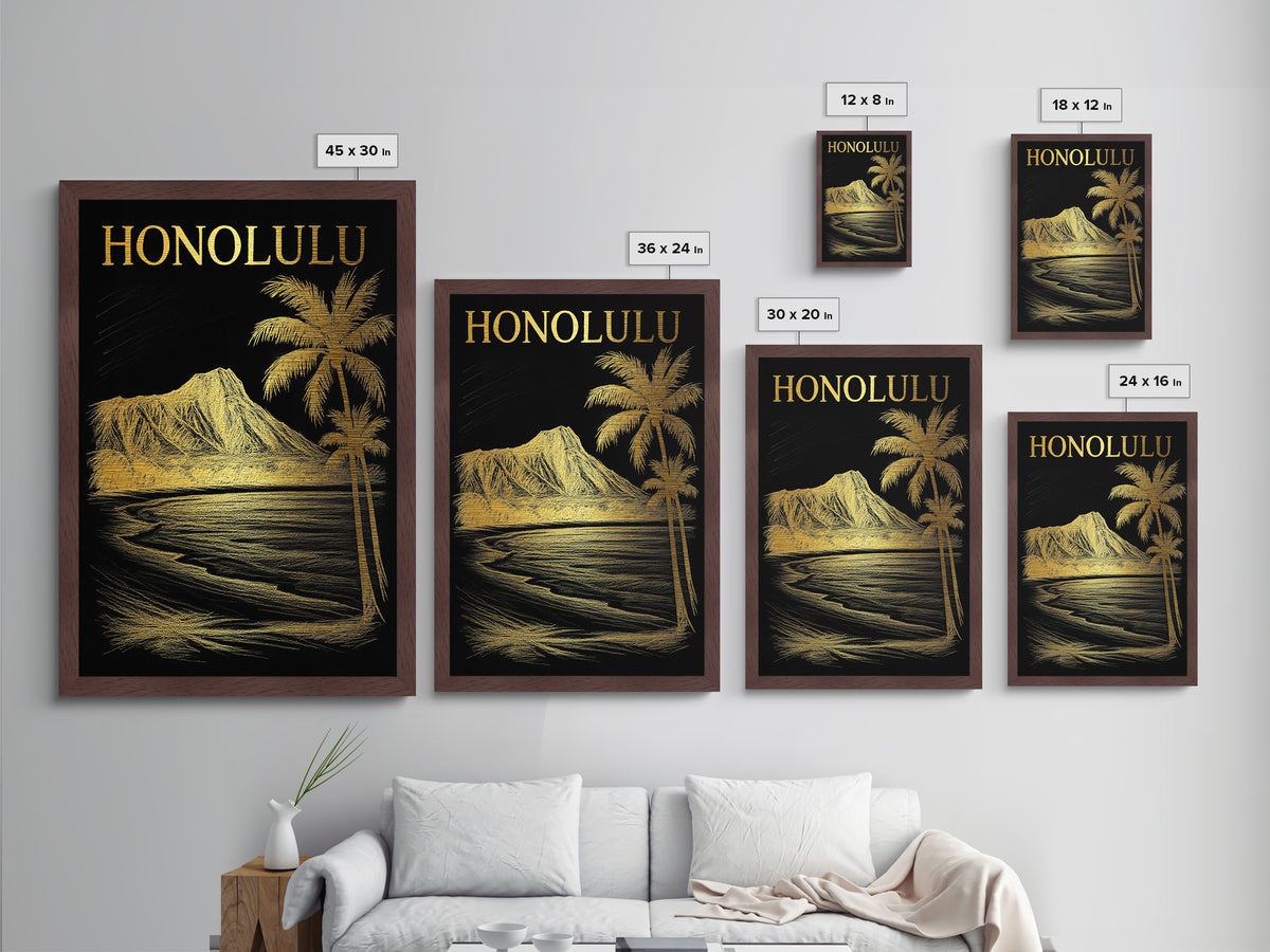 Honolulu Hawaii travel, Metallic Gold Print, Modern Skyline Wall Print, Metal Art, Wood Framed Art, Adventure Lover Gift, Travel Gift